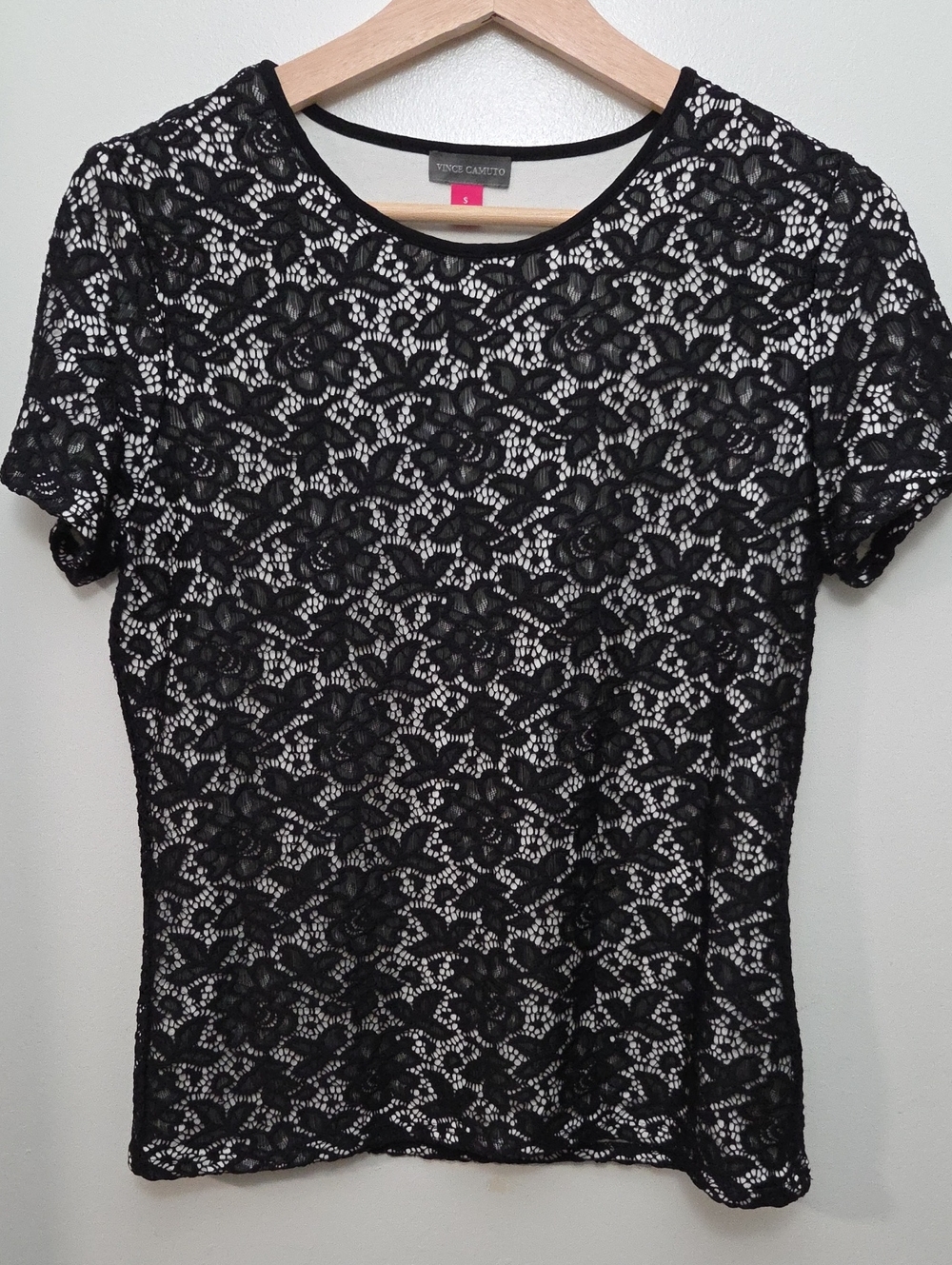 Vince Camuto Black Floral Lace Short Sleeve Tee, sz S